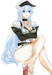Rule 34 | 10s, 1girl, akame ga kill!, atama c, bad id, bad pixiv id, barefoot, blue eyes, blue hair, breasts, censored, choker, cleavage, crossed arms, esdeath, footjob, gloves, hat, highres, large breasts, crossed legs, long hair, looking at viewer, matching hair/eyes, military, military uniform, mosaic censoring, parted lips, peaked cap, penis, sitting, smile, solo, solo focus, tattoo, toes, uniform, very long hair