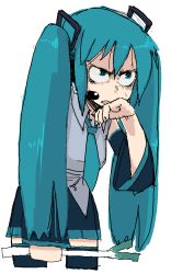 Rule 34 | 1girl, angry, bad id, bad pixiv id, black thighhighs, cowboy shot, detached sleeves, face, green eyes, green hair, hatsune miku, long hair, matching hair/eyes, necktie, oekaki, oomori harusame, simple background, solo, spring onion, thighhighs, twintails, vocaloid, white background