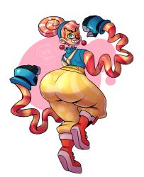 Rule 34 | 1girl, arms (game), artist name, ass, baggy pants, blue eyes, cerealharem, clown, clown girl, clown nose, earrings, hairband, highres, huge ass, jewelry, lola pop, looking back, mask, multicolored hair, nintendo, one eye closed, pants, red nose, smile, suspenders, thick thighs, thighs, wink