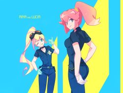 Rule 34 | 2girls, aina ardebit, blonde hair, blue eyes, candy, food, gloves, goggles, half gloves, kiharatta, lollipop, looking back, lucia fex, multicolored hair, multiple girls, one eye closed, pink hair, promare, side ponytail, smile, two-tone hair, uniform