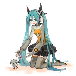 Rule 34 | 1girl, aqua eyes, aqua hair, hatsune miku, kneeling, long hair, musclecar, odds &amp; ends (vocaloid), project diva (series), project diva f, simple background, smile, solo, thighhighs, twintails, very long hair, vocaloid, zettai ryouiki