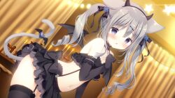 Rule 34 | 1girl, amairo chocolata, black gloves, black skirt, blue eyes, blush, candle, candlelight, cat, cat girl, cat tail, demon costume, drill hair, dutch angle, elbow gloves, fake horns, fake wings, game cg, gloves, grey hair, hair ornament, hair ribbon, hairclip, highres, horns, indoors, long hair, miniskirt, momose kaguya, official art, open mouth, photoshop (medium), ribbon, shiratama (shiratamaco), skirt, solo, tail, tail ornament, twintails, wings, yukimura chieri