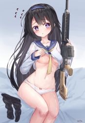 Rule 34 | 1girl, :o, ascot, black hair, black pantyhose, blue background, blue hairband, blue shirt, blush, bow, bow panties, breasts, clothes lift, collarbone, commentary request, flying sweatdrops, girls&#039; frontline, gradient background, gun, hairband, head tilt, highres, holding, holding gun, holding weapon, lifted by self, long hair, long sleeves, looking at viewer, medium breasts, navel, no bra, no pants, panties, pantyhose, unworn pantyhose, parted lips, purple eyes, school uniform, serafuku, shirt, shirt lift, sitting, solo, super sass, super sass (girls&#039; frontline), sweat, tandohark, underboob, underwear, weapon, white background, white panties, yellow ascot