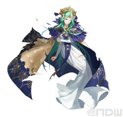 Rule 34 | 1girl, artist request, cape, dress, fire emblem, fire emblem: three houses, fire emblem heroes, flower, full body, green eyes, green hair, hair flower, hair ornament, headdress, long dress, long hair, nintendo, official art, one eye closed, rhea (fire emblem), simple background, solo, torn clothes, torn dress, white background, white dress, white flower