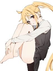Rule 34 | 1girl, ahoge, ass, black dress, blonde hair, blush, bocchi the rock!, commentary request, detached ahoge, dress, from side, full body, highres, hugging own legs, ijichi nijika, knees up, long hair, long sleeves, looking at viewer, open mouth, parted bangs, red eyes, shirt, side ponytail, simple background, solo, thighs, ukitaryu, very long hair, white background, white shirt