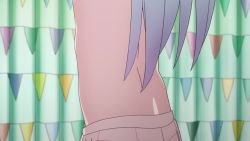Rule 34 | 1girl, animated, artist request, back, bare arms, bare legs, barefoot, bedroom, blue hair, eromanga sensei, feet, female focus, flat chest, gradient hair, hair over breasts, head out of frame, implied nudity, indoors, izumi sagiri, legs apart, long hair, lower body, multicolored hair, navel, no bra, nude, purple hair, solo, standing, undressing, video