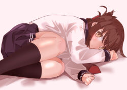 Rule 34 | 1girl, absurdres, anchor symbol, black sailor collar, black skirt, brown hair, commentary request, folded ponytail, haida katsuretsu, highres, inazuma (kancolle), kantai collection, long hair, long sleeves, looking at viewer, lying, neckerchief, on side, red neckerchief, sailor collar, school uniform, serafuku, shirt, skirt, solo, white shirt