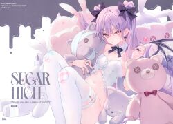 Rule 34 | 1girl, absurdres, candy, eve-chan, food, highres, lollipop, navel, original, purple eyes, purple hair, rurudo, scan, sitting, solo, stuffed animal, stuffed toy, thigh strap, thighhighs, white thighhighs, wings