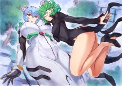 Rule 34 | 2girls, absurdres, ayanami rei, breasts, chinese zodiac, crossover, curvy, fantasy, floating, flying, glowing, green hair, highres, large breasts, levitation, looking at viewer, looking back, magic, mogudan, multiple girls, neon genesis evangelion, one-punch man, plugsuit, psychic, shiny skin, short hair, small breasts, tatsumaki, telekinesis, year of the rat