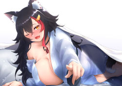 Rule 34 | 1girl, absurdres, animal ear fluff, animal ears, bed sheet, black hair, blush, breasts, collarbone, fang, flipped hair, hair between eyes, hair ornament, hairclip, highres, hololive, huge breasts, japanese clothes, kimono, long hair, mee don, multicolored hair, on bed, one eye closed, ookami mio, open clothes, open kimono, open mouth, orange eyes, pointing, pointing at viewer, red hair, smile, solo, streaked hair, under covers, virtual youtuber, wolf ears, wolf girl, yukata
