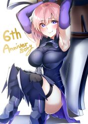 Rule 34 | 1girl, absurdres, armored boots, armored leotard, arms up, bare shoulders, black leotard, black thighhighs, boots, breasts, elbow gloves, fate/grand order, fate (series), gloves, hair over one eye, highres, large breasts, len (hand linke), leotard, looking at viewer, lord camelot (fate), mash kyrielight, pink hair, purple eyes, purple gloves, shield, short hair, smile, solo, thigh strap, thighhighs