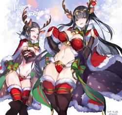 Rule 34 | 2girls, animal ears, antlers, ario, artist name, bell, black eyes, black hair, black legwear, blunt bangs, boots, bow, bra, breasts, cape, cleavage, dated, embarrassed, fire emblem, fire emblem fates, fire emblem heroes, green bow, hands up, highres, horns, large breasts, looking at viewer, mother and daughter, multiple girls, navel, nintendo, noire (fire emblem), panties, red bra, red legwear, red panties, santa costume, smile, snowflake print, standing, stomach, sweatdrop, tharja (fire emblem), tharja (winter) (fire emblem), thighhighs, thighhighs under boots, underwear