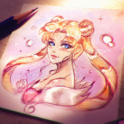 Rule 34 | 1girl, artist name, axsen, bare shoulders, bishoujo senshi sailor moon, blonde hair, blue eyes, blush, closed mouth, commentary, crescent, crescent facial mark, crescent moon, double bun, dress, earrings, english commentary, eyelashes, facial mark, forehead mark, hair bun, jewelry, long hair, looking at viewer, moon, paper (medium), parted bangs, pink dress, pink lips, portrait, sailor moon, signature, smile, solo, watermark, web address