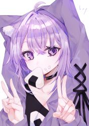 Rule 34 | 1girl, ahoge, animal ear fluff, animal ears, bay (191519bay), black choker, black shirt, cat ears, choker, crossed bangs, double v, food, food in mouth, food on face, hair between eyes, hands up, highres, hololive, hood, hood up, hooded jacket, jacket, long sleeves, looking at viewer, mouth hold, nekomata okayu, onigiri, onigiri print, purple eyes, purple hair, shirt, short hair, simple background, solo, upper body, v, virtual youtuber, white background