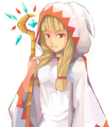 Rule 34 | 1girl, blonde hair, blunt bangs, braid, breasts, elrowa, final fantasy, final fantasy tactics, gloves, hair over shoulder, hood, long hair, lowres, red eyes, robe, simple background, solo, staff, twin braids, twintails, upper body, weapon, white background, white mage, white mage (fft), white mage (final fantasy)