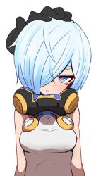 Rule 34 | 1girl, bare shoulders, blue eyes, blue hair, blush, breasts, closed mouth, disembodied limb, eyeshadow, hair over one eye, head tilt, looking at viewer, magi (overturn), makeup, medium breasts, one eye covered, overturn, headpat, short hair, simple background, solo focus, sumiyao (amam), upper body, white background