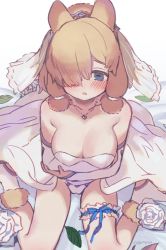 Rule 34 | 1girl, absurdres, alpaca ears, alpaca suri (kemono friends), alternate costume, animal ears, arms under breasts, artist name, bare shoulders, blonde hair, blue eyes, blush, breasts, bridal gauntlets, bridal veil, bride, cleavage, dress, flower, from above, furrowed brow, hair over one eye, hand on own arm, highres, horizontal pupils, jewelry, kemono friends, leaf, looking at viewer, looking up, medium breasts, medium hair, noamem, panties, parted lips, pendant, rose, see-through, sitting, solo, strapless, strapless dress, thigh strap, underwear, veil, wariza, wedding dress, white flower, white rose