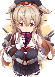 Rule 34 | 1girl, asymmetrical clothes, beret, black hat, black serafuku, black skirt, breasts, brown eyes, cannon, from above, gift, gloves, hair flaps, hat, heterochromia, highres, holding, kantai collection, large breasts, light brown hair, long hair, looking at viewer, machinery, minosu, murasame (kancolle), murasame kai ni (kancolle), neck ribbon, pleated skirt, red eyes, red ribbon, ribbon, sailor collar, school uniform, serafuku, skirt, solo, turret, two side up, white gloves, white sailor collar