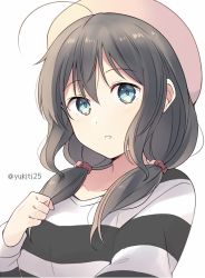 Rule 34 | 1girl, ahoge, alternate costume, alternate hairstyle, artist name, bad id, bad twitter id, blouse, blue eyes, hat, kantai collection, shigure (kancolle), shirt, simple background, solo, striped clothes, striped shirt, white background, yukichi (eikichi)