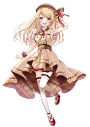 Rule 34 | 1girl, :d, arm up, beret, blonde hair, blue eyes, blush, brown dress, brown hat, commentary request, dress, full body, hand on headwear, hat, high heels, indie virtual youtuber, long hair, looking at viewer, open mouth, plaid, pleated dress, red footwear, sakura hiyori, shoes, simple background, sleeveless, sleeveless dress, smile, solo, standing, standing on one leg, suzuka stella, teeth, thighhighs, upper teeth only, very long hair, virtual youtuber, white background, white thighhighs, wrist cuffs