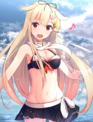 Rule 34 | 10s, 1girl, anchor symbol, arms at sides, bare arms, bare shoulders, bikini, bikini skirt, black bikini, black ribbon, blonde hair, braid, breasts, cloud, cloudy sky, cuon (kuon), day, fang, food, gradient hair, hair between eyes, hair flaps, hair ornament, hair ribbon, hairclip, kantai collection, light particles, long hair, looking at viewer, medium breasts, multicolored hair, musical note, navel, open mouth, outstretched arms, partially submerged, pleated skirt, popsicle, quaver, red eyes, red hair, ribbon, scarf, single braid, skirt, sky, solo, splashing, spoken musical note, standing, stomach, swimsuit, very long hair, water, water drop, white scarf, yuudachi (kancolle), yuudachi kai ni (kancolle)