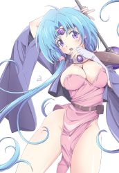 Rule 34 | 1girl, blue hair, blush, breasts, circlet, cleavage, fingerless gloves, gloves, haou taikei ryuu knight, highres, large breasts, long hair, looking at viewer, nori (norimakigumo), open mouth, paffy pafuricia, purple eyes, simple background, solo, staff, twintails, white background