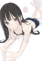 Rule 34 | ..., 1girl, ama mitsuki, ass, bare arms, bare shoulders, bikini, bikini top only, black bikini, black eyes, black hair, blue shorts, breasts, butt crack, collarbone, commentary request, high heels, highres, legs up, long hair, looking at viewer, lying, on stomach, original, shorts, small breasts, solo, spoken ellipsis, steepled fingers, sweat, swimsuit, white footwear