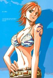 Rule 34 | 1girl, belt, bikini, bikini top only, black eyes, breasts, camouflage, character name, cleavage, female focus, hand on own hip, hip focus, inoue eisaku, large breasts, nami (one piece), one piece, orange hair, red hair, short hair, shoulder tattoo, skypiea, smile, solo, swimsuit, tattoo