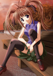 Rule 34 | 1girl, bench, black thighhighs, brown hair, face, long hair, mary janes, purple eyes, rakkyo, red footwear, shoes, sitting, skirt, solo, sunset, thighhighs, twintails, watch