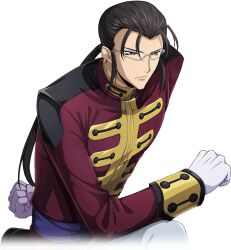 Rule 34 | 1boy, arm behind back, artist request, bangs pinned back, black footwear, black hair, blue eyes, clenched hands, closed mouth, code geass, code geass: lost stories, forehead, game cg, gilbert g.p. guilford, glasses, gloves, hair tie, jacket, long hair, long sleeves, male focus, military uniform, non-web source, official art, on one knee, pants, ponytail, red jacket, rimless eyewear, sash, serious, shoes, sidelocks, simple background, solo, transparent background, uniform, white gloves, white pants