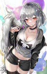 Rule 34 | 1girl, black choker, black jacket, black shorts, black thighhighs, breasts, bright pupils, candy, choker, cleavage, cowboy shot, food, grey hair, hair ornament, hairclip, hand up, highres, holding, holding candy, holding food, holding lollipop, houdukixx, jacket, kishin sagume, large breasts, lollipop, long sleeves, looking at viewer, midriff, mouth hold, navel, off shoulder, open clothes, open fly, open jacket, panties, panty peek, red eyes, shirt, short hair, short shorts, shorts, single wing, solo, standing, thighhighs, thighs, touhou, underwear, white panties, white shirt, wings