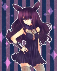 Rule 34 | 1girl, :/, akr et, animal ears, bad id, bad pixiv id, bare shoulders, breasts, cleavage, dress, hand on own hip, hip focus, no bra, original, purple eyes, purple hair, short dress, solo, sparkle, striped, striped background, thighhighs, wrist cuffs, zettai ryouiki
