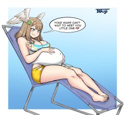 Rule 34 | 1girl, absurdres, beach chair, belly rub, blue eyes, blush, breasts, brown hair, clover, eunie (xenoblade), four-leaf clover, head wings, highres, large breasts, one-piece swimsuit, pregnant, smile, solo, swimsuit, tsukijitums, white wings, wings, xenoblade chronicles (series), xenoblade chronicles 3