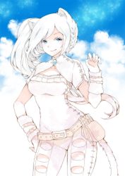 Rule 34 | 1girl, animal ears, belt, blue background, blue eyes, blush, braid, breasts, cloud, cloudy sky, commentary, commission, contrapposto, cowboy shot, english commentary, hand on own hip, hand up, highres, looking at viewer, medium breasts, original, pants, peachpii, pouch, side ponytail, sky, smile, solo, tail
