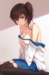Rule 34 | 10s, 1girl, alternate costume, bare shoulders, black thighhighs, breasts, brown eyes, brown hair, cleavage, gradient background, highres, japanese clothes, kaga (kancolle), kantai collection, long legs, looking at viewer, nian (zhanian), no bra, off shoulder, open clothes, open shirt, pleated skirt, school uniform, serafuku, shirt, side ponytail, sitting, skirt, solo, thighhighs, undressing, wariza, zettai ryouiki
