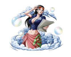 Rule 34 | 1girl, black hair, blue eyes, blue jacket, bodskih, breasts, bubble, cleavage, cloud, eyewear on head, groin, holding, holding , jacket, large breasts, leather vest, long hair, midriff, navel, nico robin, one piece, one piece treasure cruise, open clothes, open jacket, parted lips, partially unzipped, sarong, short sleeves, skirt, solo, stomach, sunglasses, transparent background, zipper