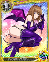 Rule 34 | 1girl, ass, breasts, brown hair, card (medium), garter straps, gloves, hairband, heart, high heels, high school dxd, horns, large breasts, leotard, purple eyes, solo, tagme, thighhighs, tongue, tongue out, venelana gremory, wings