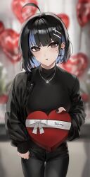 Rule 34 | 1girl, absurdres, ahoge, black hair, black nails, blue hair, blurry, blurry background, box, breasts, brown eyes, colored inner hair, cross, cross earrings, earrings, gift, heart-shaped box, highres, holding, holding gift, irene (kanniiepan), jacket, jewelry, kanniiepan, looking at viewer, medium breasts, mole, mole under eye, multicolored hair, open clothes, open jacket, original, solo, two-tone hair, valentine