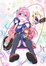 Rule 34 | 1girl, bandaid, bare shoulders, bass clef, black thighhighs, blue eyes, blush, bocchi the rock!, bracelet, breasts, brown footwear, cube hair ornament, eighth note, gotoh hitori, guitar, hair between eyes, hair ornament, highres, holding, holding instrument, ijichi nijika, instrument, jacket, jewelry, kita ikuyo, large breasts, long hair, mini person, minigirl, mole, mole under eye, musical note, one side up, open clothes, open jacket, open mouth, pink hair, quarter note, school swimsuit, shoes, sixteenth note, strap slip, swimsuit, thighhighs, treble clef, watanabe akio, wavy mouth, yamada ryo