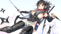 Rule 34 | 1girl, alternate costume, asuka (senran kagura), bad id, bad twitter id, black hair, blush, boots, breasts, brown eyes, chain, cross-laced footwear, detached sleeves, hair ribbon, holding, holding sword, holding weapon, katana, kunai, lace-up boots, large breasts, leather, leather boots, open mouth, panties, ponytail, red scarf, ribbon, scarf, senran kagura, sheath, sheathed, shuriken, solo, striped clothes, striped panties, sword, teeth, thigh boots, thighhighs, underwear, upper teeth only, weapon, yaegashi nan