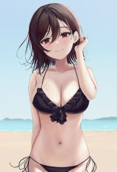 Rule 34 | 1girl, absurdres, beach, bikini, black bikini, blue sky, blush, breasts, brown hair, check copyright, cleavage, closed mouth, copyright request, day, earrings, frilled bikini, frills, front-tie top, groin, hair between eyes, hand in own hair, hand up, highres, jewelry, large breasts, looking at viewer, navel, ocean, original, outdoors, rama (yu-light8), red eyes, sand, short hair, side-tie bikini bottom, sidelocks, sky, smile, solo, standing, stomach, string bikini, stud earrings, swimsuit, wet, wet hair