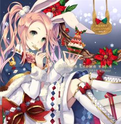 Rule 34 | 1girl, 2016, animal ears, bell, blonde hair, boots, bow, box, rabbit ears, cross-laced footwear, dated, dessert, flower, food, fork, fur-trimmed sleeves, fur trim, gift, gift box, green eyes, kether, leaf, long hair, long sleeves, merry christmas, original, pink rose, red bow, red flower, rose, shirt, sidelocks, sitting, skirt, smile, snowflakes, solo, twintails, two side up, white footwear, white shirt, white skirt