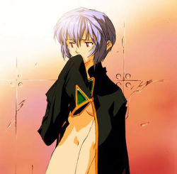 Rule 34 | 1girl, ayanami rei, blue hair, bottomless, breasts, coat, jacket, lowres, naked coat, neon genesis evangelion, no panties, open clothes, open shirt, red hair, shirt, short hair, small breasts, solo, underboob, upper body