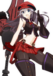 Rule 34 | 10s, 1girl, alisa ilinichina amiella, blue eyes, boots, breasts, crop top, elbow gloves, gloves, god eater, god eater burst, gun, hat, highres, long hair, medium breasts, miniskirt, navel, open mouth, pantyhose, plaid, plaid headwear, plaid skirt, pleated skirt, red skirt, silver hair, simple background, skirt, sleeveless, solo, suspender skirt, suspenders, sword, thigh boots, thighhighs, vane (vane0), weapon