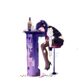 Rule 34 | 1girl, alcohol, bartender, black footwear, black pantyhose, blush, cigarette, drunk, full body, girls&#039; frontline, high heels, holding, holding cigarette, jack daniel&#039;s, jill stingray, long hair, long sleeves, looking at viewer, necktie, official art, pantyhose, pencil skirt, purple hair, purple vest, red eyes, red necktie, shirt, side slit, sitting, skirt, solo, stool, swept bangs, torn clothes, torn pantyhose, torn shirt, transparent background, va-11 hall-a, vest, whiskey, white shirt, xiao chichi