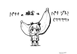 Rule 34 | 1girl, banana, blush stickers, boots, chibi, commentary request, cross-laced footwear, food, fruit, greyscale, highres, jacket, jitomi monoe, lace-up boots, magnet, monochrome, open mouth, pantyhose, remya, shadow, sketch, solo, standing, translation request, twitter username, v-shaped eyebrows, virtual youtuber, voms, white background