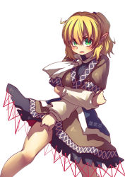 Rule 34 | 1girl, absurdres, arm warmers, blonde hair, feet out of frame, green eyes, highres, looking at viewer, mizuhashi parsee, multicolored clothes, open mouth, penglai tea, pointy ears, scarf, short hair, simple background, solo, standing, touhou, v-shaped eyebrows, white background, white scarf