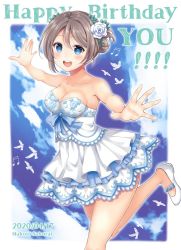 Rule 34 | 1girl, artist name, artist request, bare legs, bare shoulders, bird, blue bow, blue eyes, blush, bow, breasts, cleavage, collarbone, dress, female focus, flower, grey hair, hair between eyes, highres, light brown hair, looking at viewer, love live!, love live! sunshine!!, outstretched arms, parted lips, sakurai makoto (custom size), shoes, short hair, skirt, small breasts, smile, solo, watanabe you, wedding dress, white flower, white footwear, white skirt