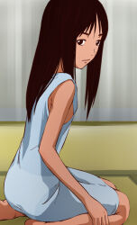 Rule 34 | 1girl, barefoot, black hair, blue dress, character request, closed mouth, dress, haruyama kazunori, long hair, looking at viewer, see-through, skirt, solo, summer days with coo