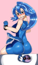 Rule 34 | 1girl, ass, between buttocks, blue eyes, blue hair, blush, clair (pokemon), creatures (company), dratini, earrings, from behind, game freak, gen 1 pokemon, gloves, gym leader, jewelry, kitsune-tsuki (getter), latex, latex gloves, long hair, nintendo, pokemon, pokemon (creature), ponytail, skin tight, teeth, unitard